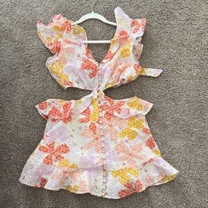 Sabo Luxe Floral Eyelet Cutout Mini Dress - Pink, Coral & Yellow